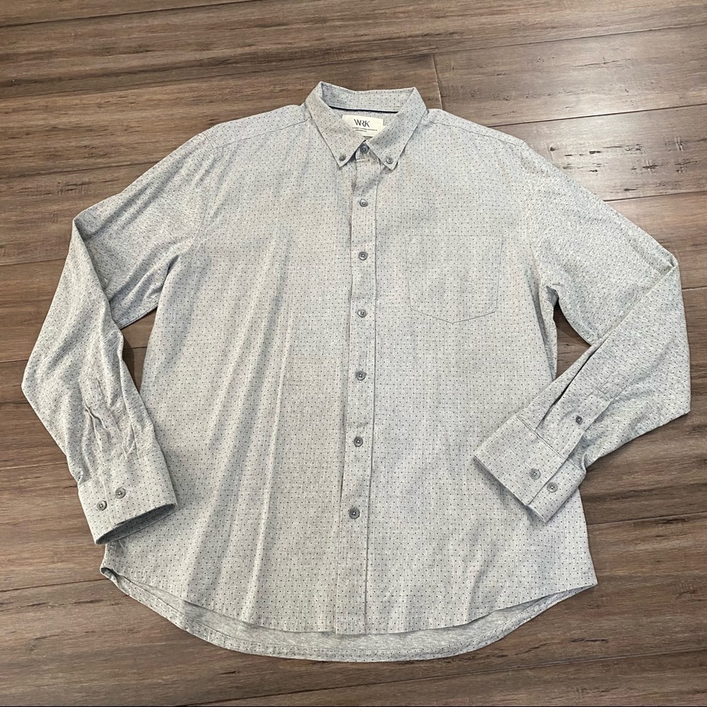 WRK‎ work. Rest. Karma. Dress shirt. Grey polka dot.